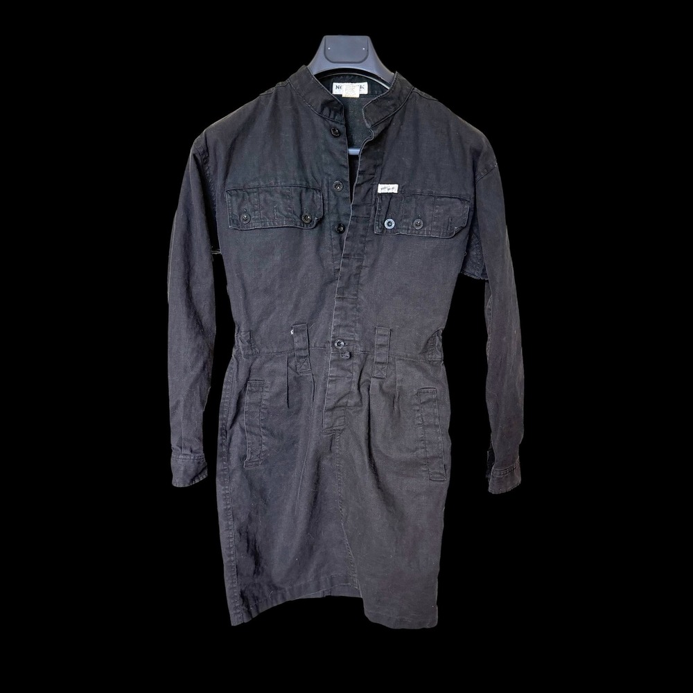 Vintage Black Ramie Cotton Utility Mini Dress Long Sleeve Button Front Med